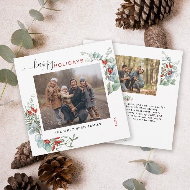 Tarjeta Festiva Vegetación Botánica Acuarela Elegante (You will love these beautiful Christmas cards! They feature botanical watercolor pine and berries.)