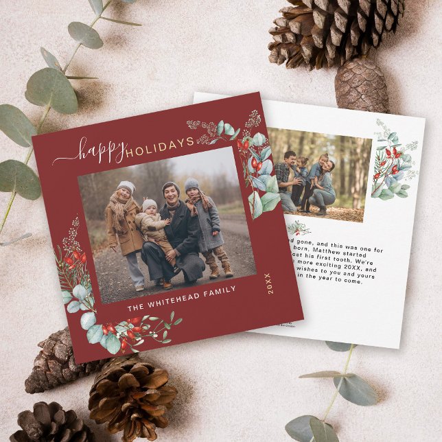 Tarjeta Festiva Vegetación Botánica Acuarela Elegante Borgoña (You will love these beautiful Christmas cards! They feature botanical watercolor pine and berries.)