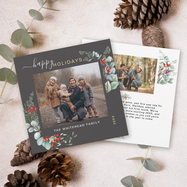 Tarjeta Festiva Vegetación botánica acuarela elegante gris oscuro (You will love these beautiful Christmas cards! They feature botanical watercolor pine and berries.)