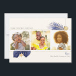 Tarjeta Festiva Vegetación tropical de Marina Blue & Gold Beach 3-<br><div class="desc">La tarjeta de vacaciones tropical azul marino y dorado de Nautical Boutique Co. presenta una vegetación tropical acuática de color morado/azul y dorado, y se acentúa con una concha acuática de bonito y una estrella de color marfil. El saludo de vacaciones, el nombre de su familia y el año (lado...</div>