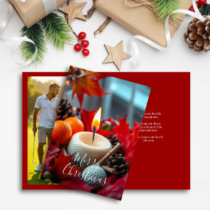 Tarjeta Festiva Vela de Navidades de golf ・ Rojo de foto familiar