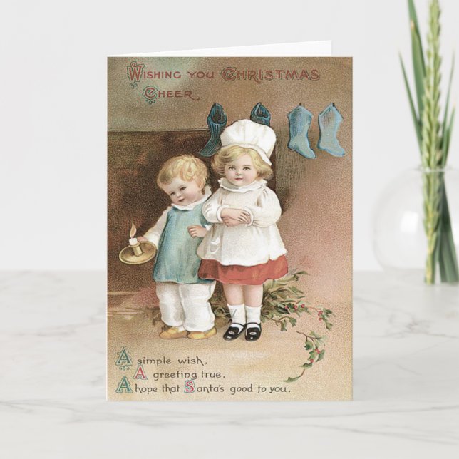 Tarjeta Festiva Vela del acebo de las medias de los niños (Anverso)