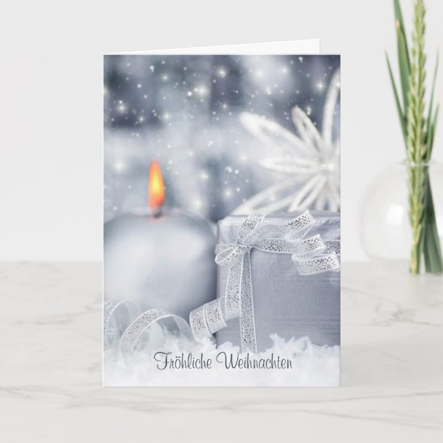 Tarjeta Festiva velas azules plateadas, copos de nieve Navidades a (Anverso)