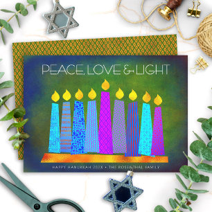 Tarjeta Festiva Velas boho chic de Hanukkah Paz Amor Luz Verde