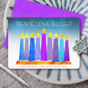Tarjeta Festiva Velas boho de Janucá Turquesa Paz Amor Luz