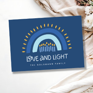 Tarjeta Festiva Velas de arcoiris azules simples Hanukkah amor y l