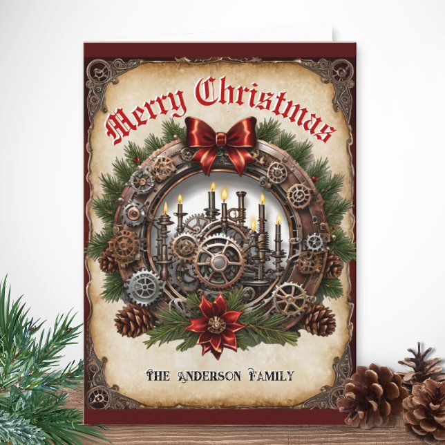 Tarjeta Festiva Velas de corona Steampunk Cinta roja Engranajes Na (A Steampunk Christmas card with traditional wreath and candles, metal cogs and gears)