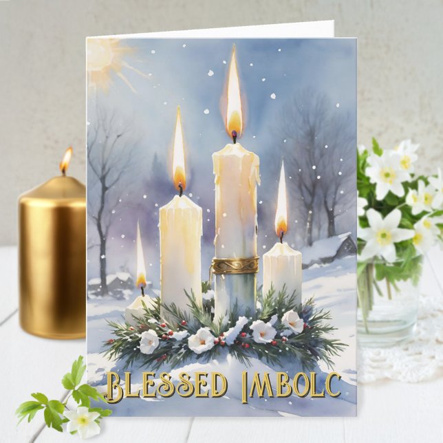 Tarjeta Festiva Velas de Wreath Floral Imbolc Wiccan (Imbolc Wiccan Winter Floral Wreath Candles Holiday Greeting Card)