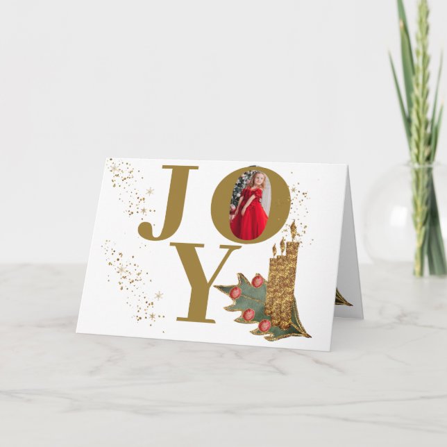 Tarjeta Festiva Velas doradas Holly Berries Joy Navidades Foto (Anverso)