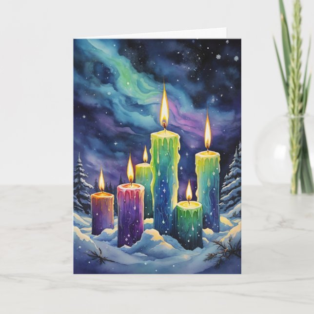Tarjeta Festiva Velas imbólicas de Wiccan en bosque de nieve (Anverso)