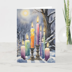 Tarjeta Festiva Velas imbólicas de Wiccan en bosque de nieve
