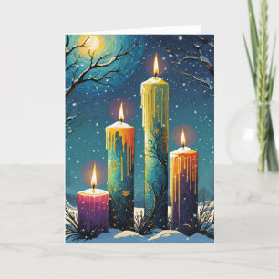 Tarjeta Festiva Velas imbólicas de Wiccan en bosque de nieve