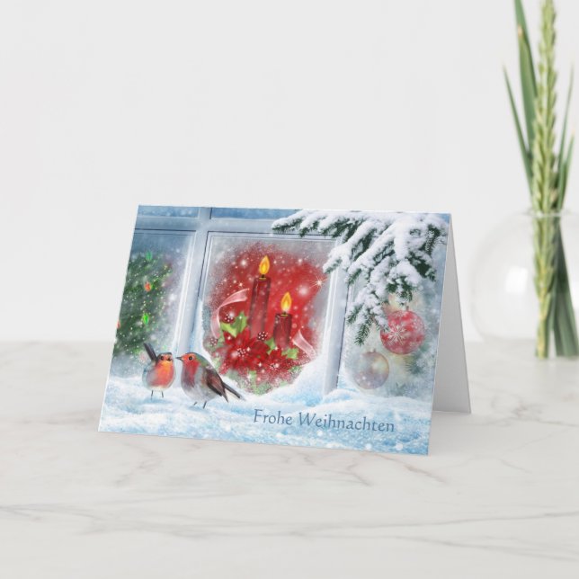 Tarjeta Festiva Velas, poinsettias, robos y Navidades alemanes (Anverso)