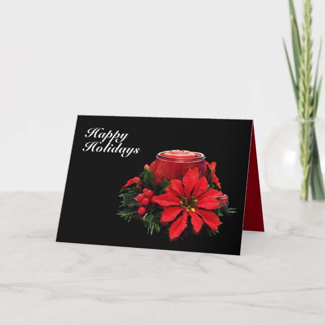 Tarjeta Festiva Velas rojas festivas, Holly y Poinsettia (Anverso)