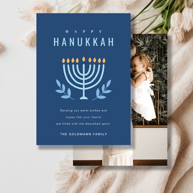 Tarjeta Festiva Velas simples de Menorah azul Happy Hanukkah Photo (Subido por el creador)