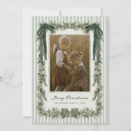 Tarjeta Festiva Velvet Bow and Stripes Christmas Photo Card Green