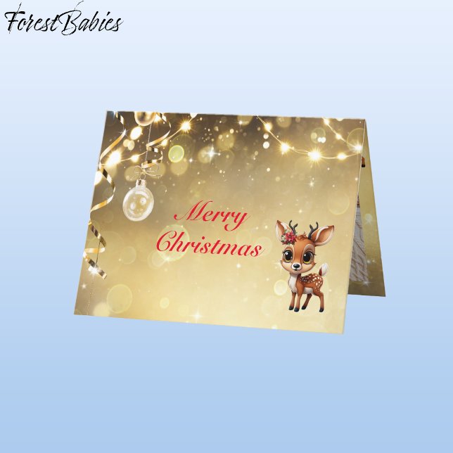 Tarjeta Festiva Venado, Amanecer, Perro, Amante de renos 🦌 Fiesta (Floral Baby Deer, Fawn , Doe Lover, Reindeer Antlers,  Poinsettia, Festive Gold Holiday  Card 🦌🎄)