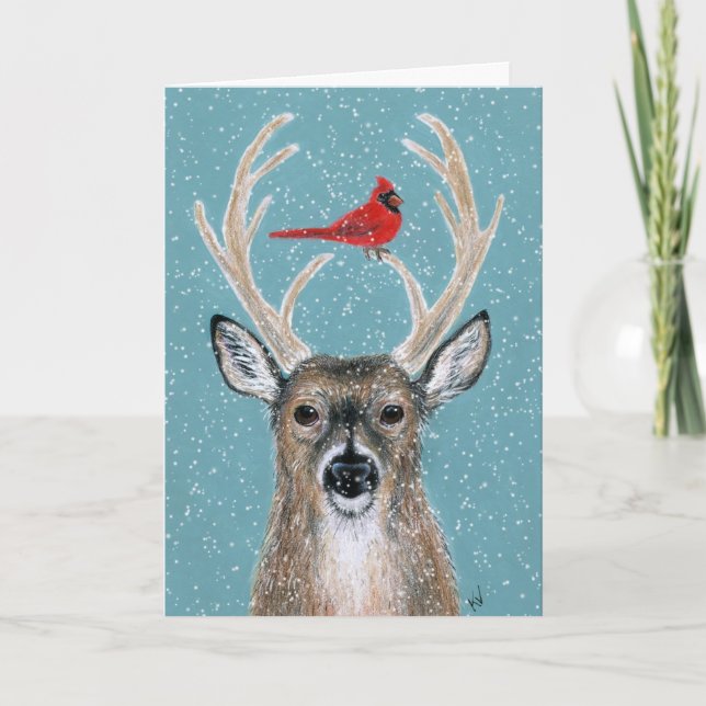 Tarjeta Festiva Venado, cardenal, nieve, cualquier ocasión, tarjet (Anverso)