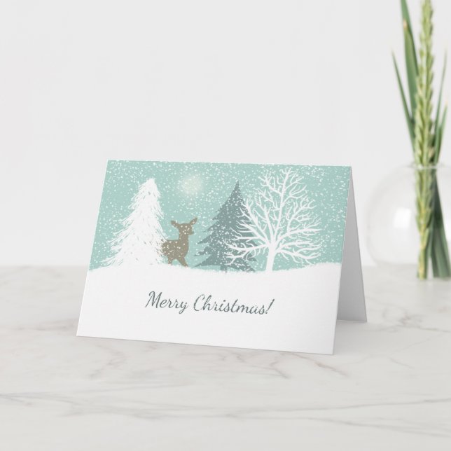 Tarjeta Festiva Venado de invierno, Navidades de pinos nevados (Anverso)