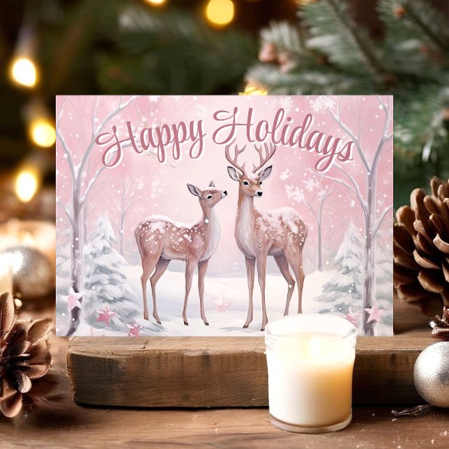 Tarjeta Festiva Venado en el bosque rosa de invierno Felices vacac (Subido por el creador)