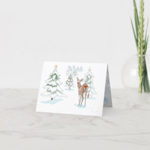 Tarjeta Festiva Venado en la madera de nieve con la nariz roja