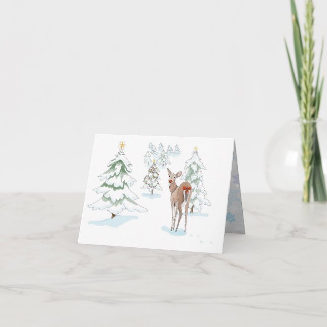 Tarjeta Festiva Venado en la madera de nieve con la nariz roja (Anverso)