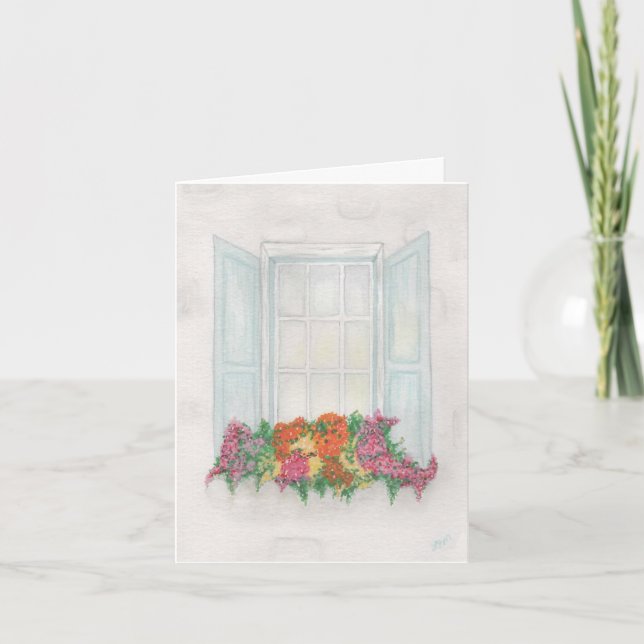 Tarjeta Festiva Ventana con flores en flor (Anverso)