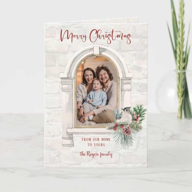 Tarjeta Festiva Ventana de acuarela rusa con foto floral de Navida (Anverso)