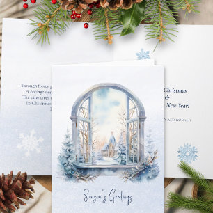 Tarjeta Festiva Ventana de Navidades del follaje azul de invierno