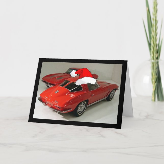 Tarjeta Festiva Ventana dividida Corvette rojo clásico Navidades (Anverso)