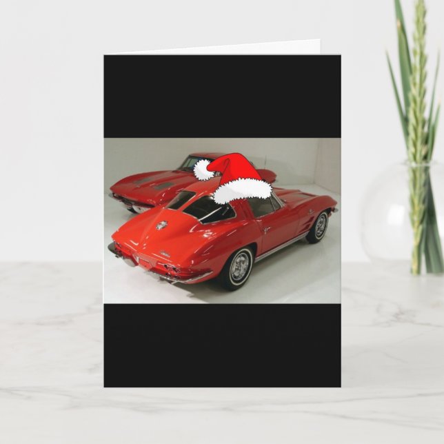 Tarjeta Festiva Ventana dividida Corvette rojo clásico Navidades (Anverso)