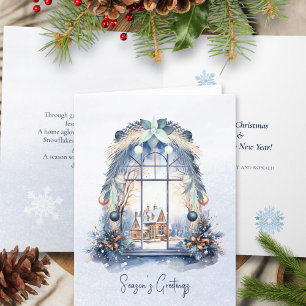 Tarjeta Festiva Ventana Navidades de follaje de ornamentos nórdico