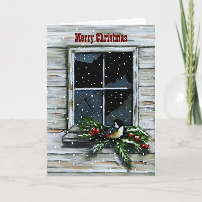 Tarjeta Festiva Ventana vieja del establo: Nieve: Navidades, pájar (Anverso)