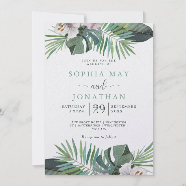 Tarjeta Festiva Verano de palmera de Boda Rústico Tropical (Anverso)