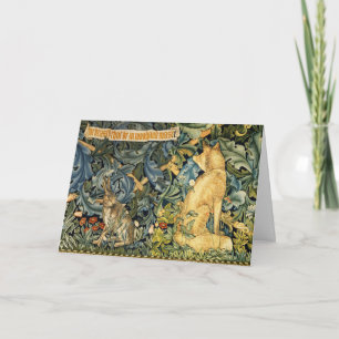 TARJETA FESTIVA VERDE, ANIMALES DEL BOSQUE, ZORRO Y LIEBRE, FLORAL