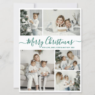 Tarjeta Festiva Verde blanco simple 5 Navidades de Collage de foto