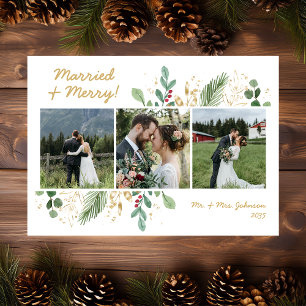 Tarjeta Festiva Verde Botánico moderno 3 Foto Casada Y Merry