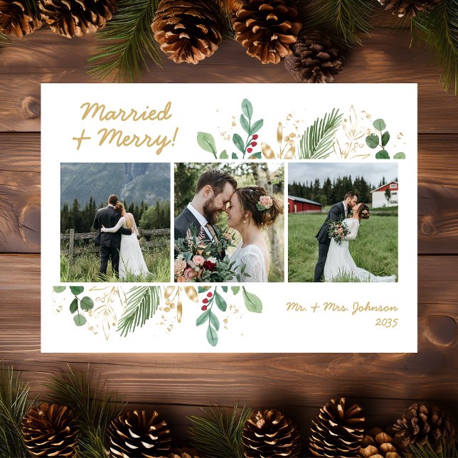 Tarjeta Festiva Verde Botánico moderno 3 Foto Casada Y Merry (Subido por el creador)