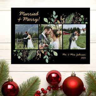 Tarjeta Festiva Verde Botánico Moderno 3 Foto Casados y Alegres