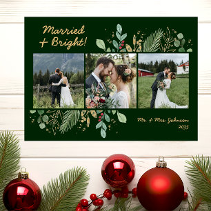 Tarjeta Festiva Verde Botánico Moderno 3 Foto Casados y Brillantes