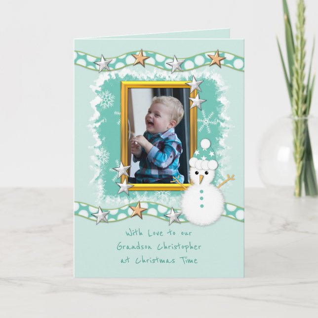 Tarjeta Festiva Verde con estrellas de nieve y Navidades de fotogr (Anverso)