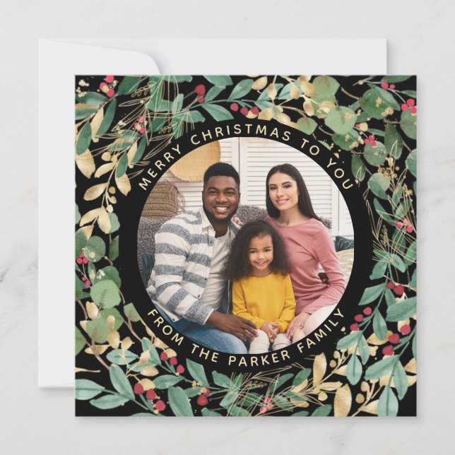 Tarjeta Festiva Verde dorado negro | Wreath and Photo Navidades (Anverso)