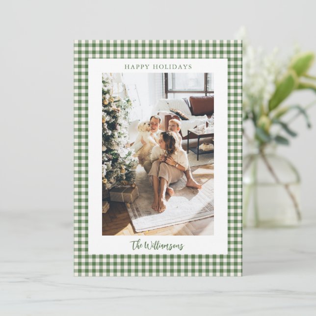 Tarjeta Festiva Verde Gingham 2 Foto Marco de Fiesta Script Elegan (Anverso de pie)