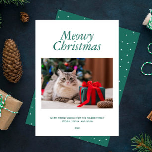 Tarjeta Festiva Verde "Meowy Navidad" Foto Personalizada