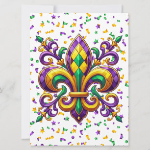 Tarjeta Festiva Verde morado Mardi Gras fleur de lis