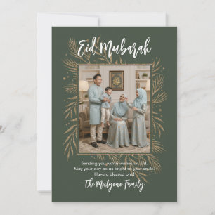 Tarjeta Festiva Verde Oro Brillante Botánico Foto Eid Mubarak
