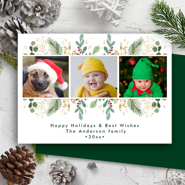 Tarjeta Festiva Verde Oro moderno Rojo Berries Agua Verde Verde Ve (Subido por el creador)