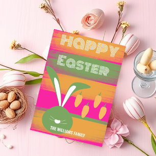 Tarjeta Festiva Verde Rosa Cute Feliz Conejo De Pascua Y Zanahoria