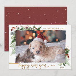 Tarjeta Festiva Verde rústico dorado efecto pincel seco Año Nuevo