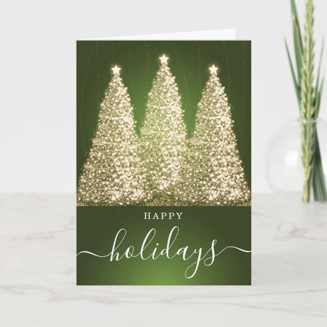 Tarjeta Festiva Verde Sin foto Navidades Purpurinas Árboles (Anverso)